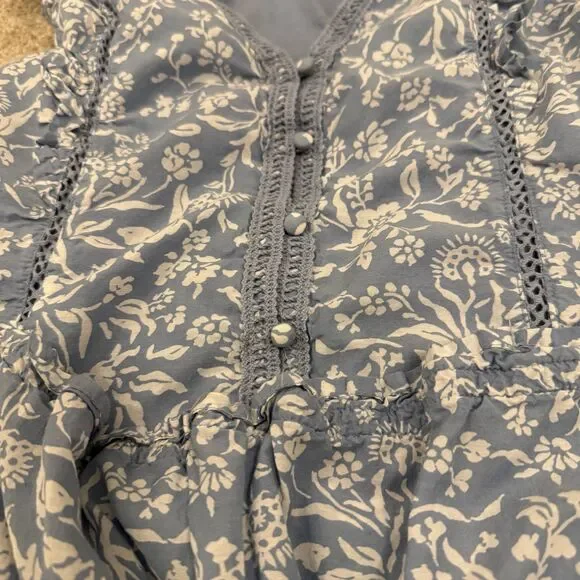 Lucky Brand Lace Trim Ruffle Shoulder Flounce Floral Mini Dress Blue White Small - Picture 10 of 10